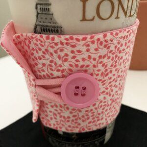 Handmade Fabric Coffee Cozy - Reusable Coffee Cup Sleeve, Pink Floral, Beverage